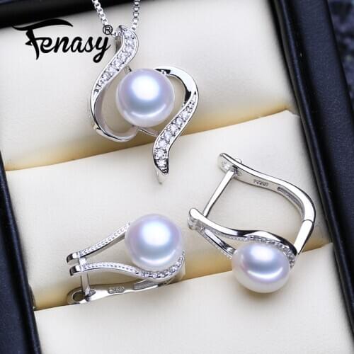 FENASY 925 Sterling Silver Jewelry Sets Natural Pearl Clip Earrings Custom Bohemian Pendant Chain Necklace For Women