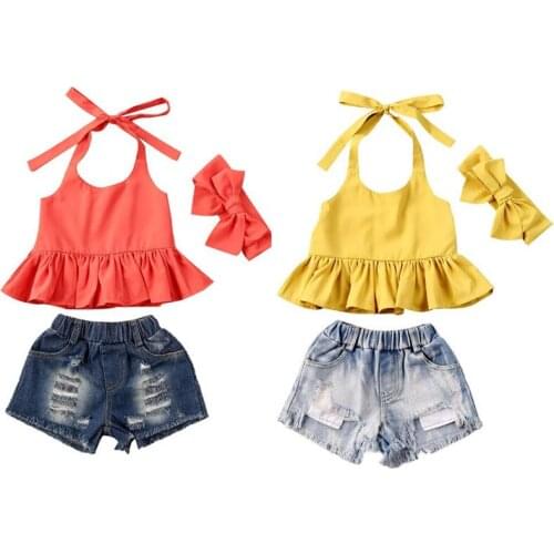 Focusnorm 1-6Years 3Pcs Summer Baby Girl Clothing Set Solid Sleevleess Top Demin Hole Pants Fashion Outfti Set