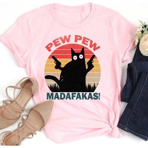 Pew Madafakas Print T-shirt Women Black Cat Gangster With Gun Meme Retro Funny T Shirt Short Sleeves Humor Gift Tops Tshirt