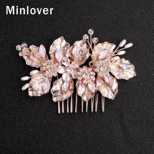 Minlover Handmade Flower Rhinestone Bride Hair Combs / Pins Leaf Pearls Wedding Hair Accessories for Women Hair Decoration FS293