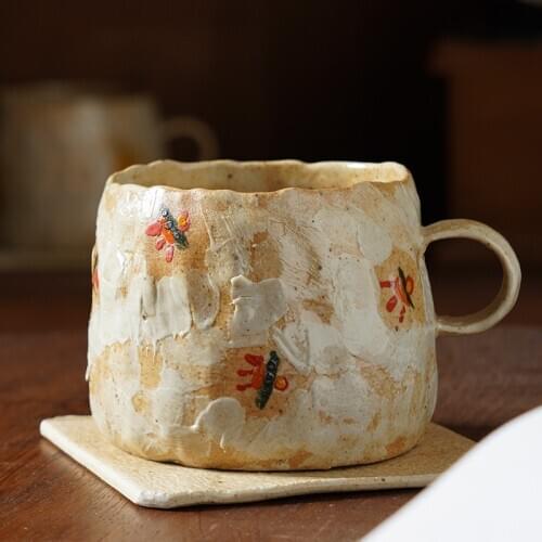 Creative hand retro rough pottery coffee cup spoon dish personalized designer make-up native Japanese handmade cup milk cup
