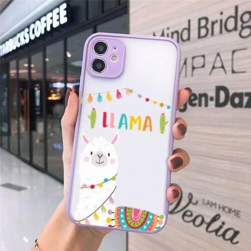 Kawaii Cute Cartoon Llama Alpaca Animals Phone Case Purple Transparent Matte For IPhone 7 8 11 12 S Mini Pro X XS XR Plus Cover