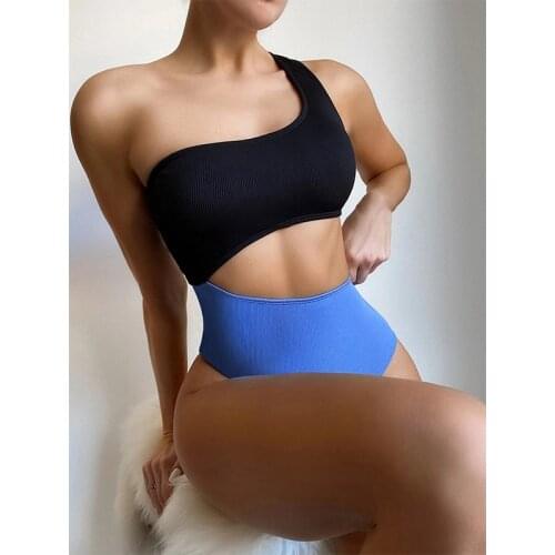 Mossha 2021 Sexy high cut monokini one piece swimsuit womens swimming suit Ribbed swimwear one-shoulder bathing suit Beach wear