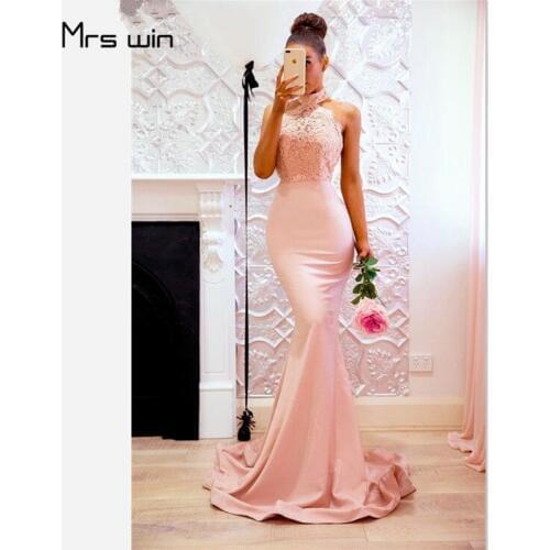 Mrs win Evening Dresses Mermaid Halter Elegant Party Dresses 2020 Sexy Backless Split Hems Long Plus Size Robe De Soiree HR087