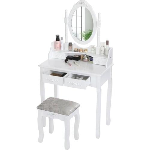 Modern Wooden Dressing Vanity Table Set Concise 4 Drawer With 360 Rotation Mirror Makeup Dresser Chair Jewelry Organizer HWC