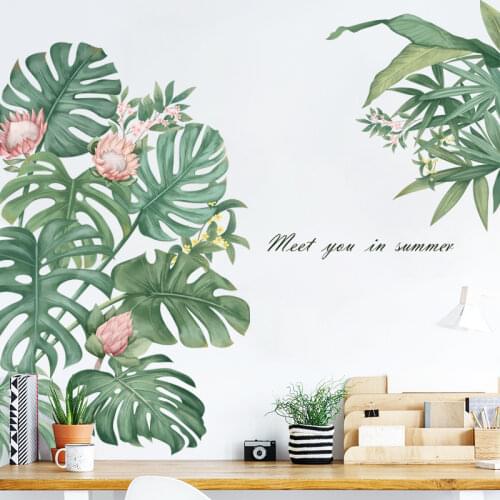 Nordic Style Pink Flower Wall Stickers for Bedroom Eco-friendly Vinyl Living Room Green Leaf DIY Wall Decals Murals Home Decor