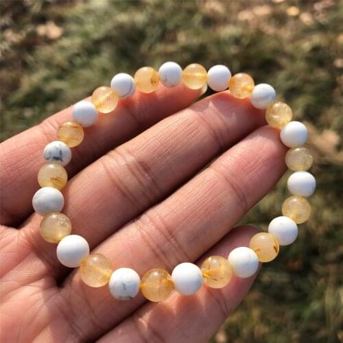 Natural Golded Rutilated Quartz And Howlite Bracelet Round Beads Crystal Healing Stones Women Jewelry Gift