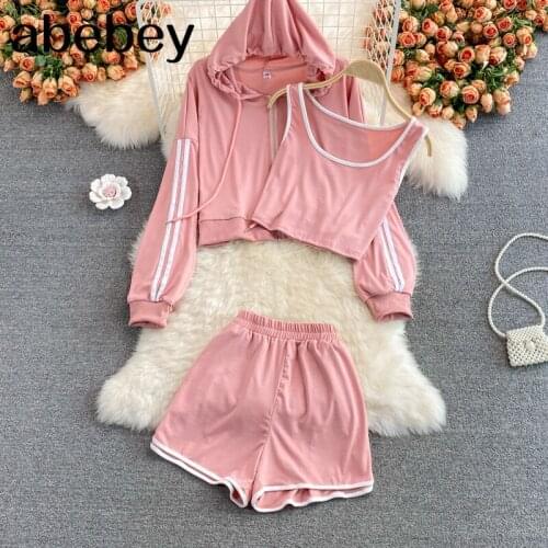 2021 New Spring Autumn Fashion hooded collar long sleeve zipper Top + Elastic Waist Wide Leg Shorts with short Vest 3-piece set