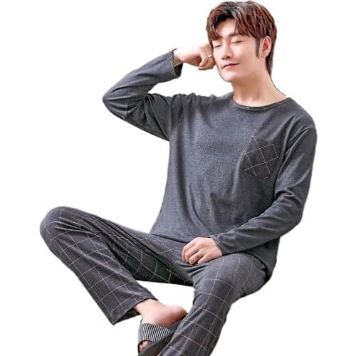 Autumn Knitted Cotton Mens Pyjamas Plaid Pajamas Set Casual Male Sleepwear Pyjamas Night Pijamas Spring Big Yards 4XL Homewear