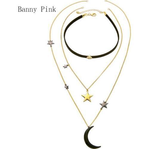 Cute Alloy Moon Star Pendant Necklace For Women Chunky Layer Metal Chain Necklaces Statement Necklaces Fashion Jewelry Colliers