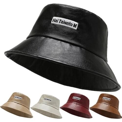 2020 New Autumn Winter letter Bucket Hat Faux Leather Bucket Cap Mens and Womens Fashion Panama PU Fisherman Hat