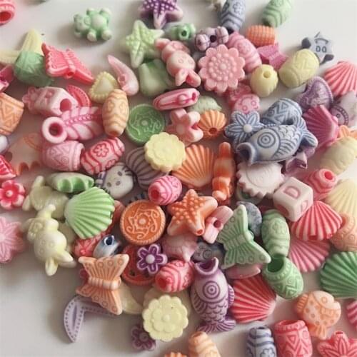 Plastic Bead Mini Ocean Series Small Flower Fish Seahorses Shell Starfish Beads for Jewelry Making String Bracelet 100pcs/bag