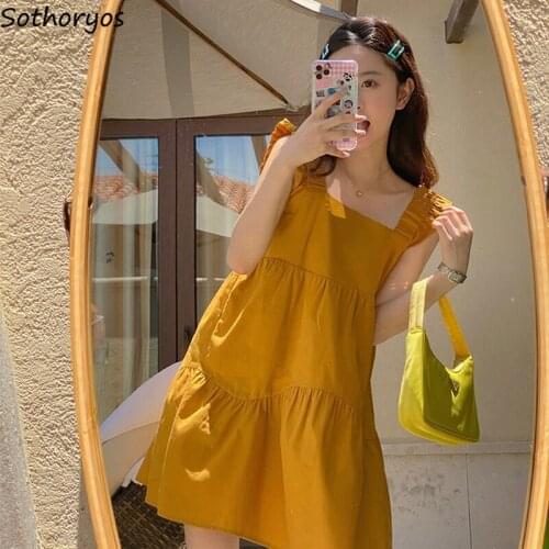 Sweet Sleeveless Dress Women Chiffon Loose Waist Solid Cute Flying Sleeve Mini Sundress Teen Girls Preppy Student Stylish Summer