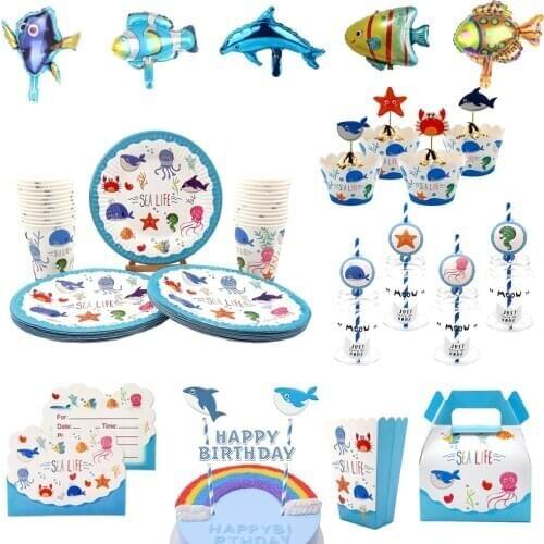 For Kid Birthday Sea Life Marine Animal Party Supplies Disposable Tableware Plate Cup Straw Candy Box Hat Invitation Balloon