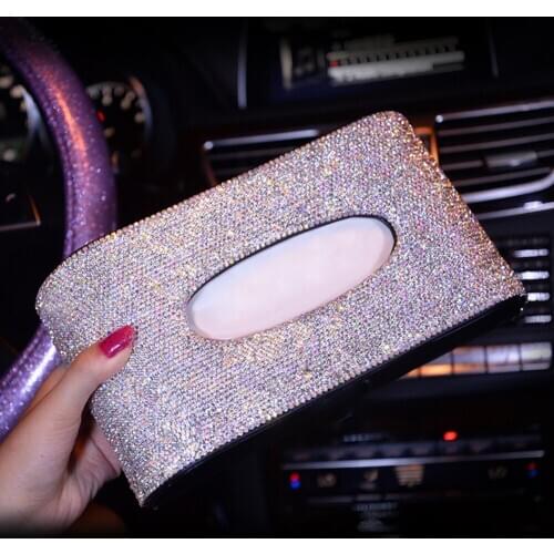 Luxury Leather Car Tissue Box Cover Crystal Rhinestone Block Paper Storage Box Car Accessories For Women Girls