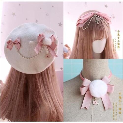 Sweet Lolita Pink Japanese Hair Accessories Lolita Hairpin Side Clip KC Gorgeous Bow Beret Soft Sister Painter Hat B507