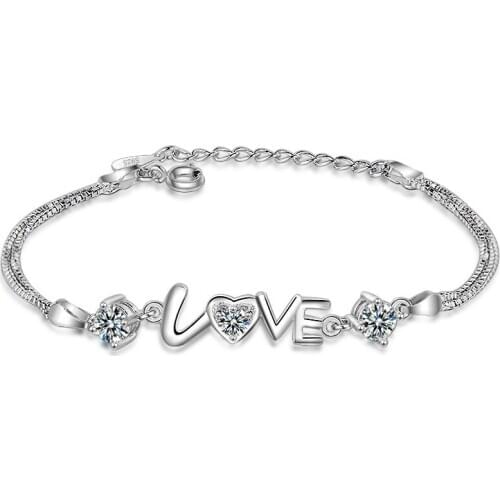 925 Sterling Silver Double Layer Crystal Heart Shape Pendant Charm Korean Bracelet &Bangle Wedding Jewelry For Women SL090