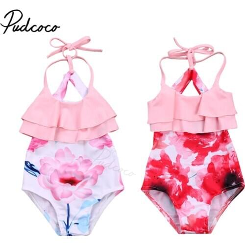 Baby Girls One Piece Ruffled Swimsuit Tankni Children Halter Style Frenulum Swimwear Ruffle Sleeveless Monokini for Toddler 1-5Y