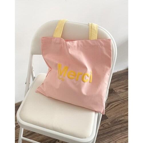 Merci Letters Print Yellow Shoulder Pink Canvas Bag Ins Summer Large Shopping Bag Cotton Contrast Color Handbag for Women Girl