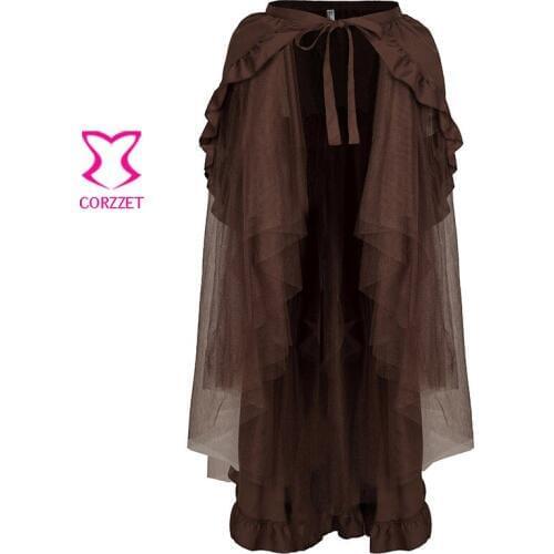 Vinatge Victorian Brown Long Tulle&Ruffled Satin Lace Up Pleated Punk Skirt Sexy Steampunk Skirt Corset Gothic Wrap Skirts Women