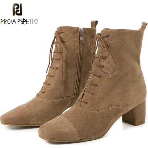 Womens New Autumn and Winter Pure Color Round Head Full Leather Thick Mid-heel Cross-lace Diagonal Zipper Casual Martin Boots