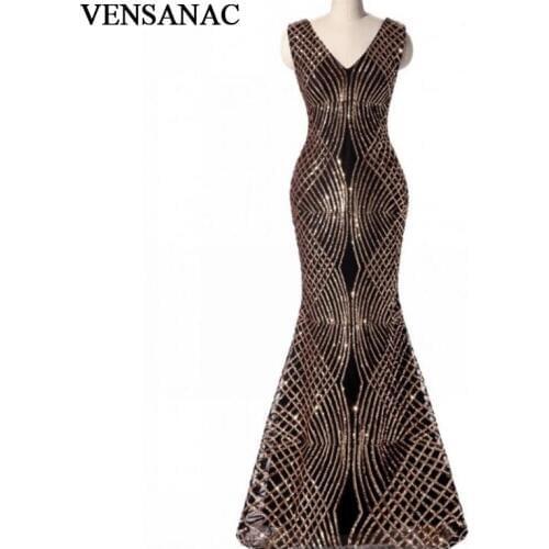VENSANAC 2018 V Neck Lace Sequin Mermaid Long Evening Dresses Eleagant Tank Sleeveless Open Back Party Prom Gowns