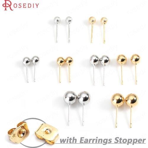 34504)20PCS Ball 4MM 5MM 6MM 7MM 24K Gold Color Brass Matte Round Ball Stud Earrings Pins High Quality Diy Jewelry Accessories