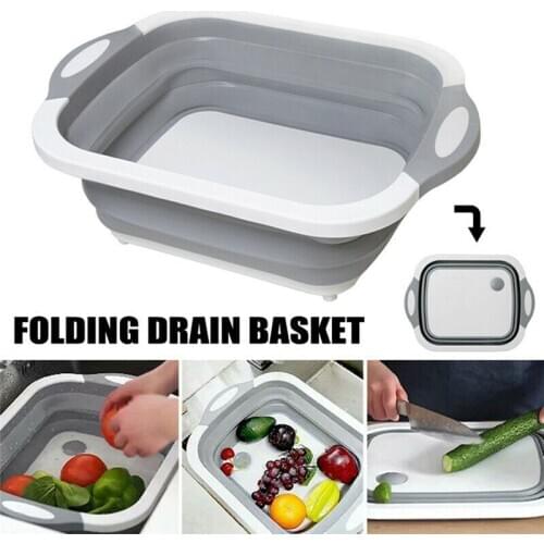 4 IN 1 Folding Cutting Board Basket Collapsible Dish Tub with Draining Plug Colander Fruits Vegetables Wash Drain Sink Storage