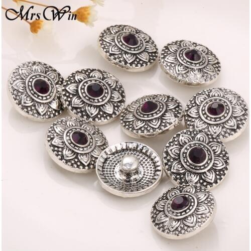 6pcs/lot New Snap Jewelry Vintage Metal Rhinestone Lotus Flowers 18mm Snap Buttons fit Snap Bracelet Bangles Necklace