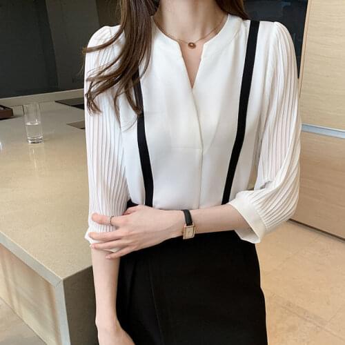 V-Neck White Chiffon Women Shirts Summer Design 2021 Pleated Half Sleeved Straight Elegant Office Lady Outwear Tops