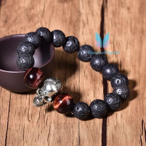 Natural Lava Bracelet Reiki Style Skull Fashion Chakra Crystal Beads Men Women