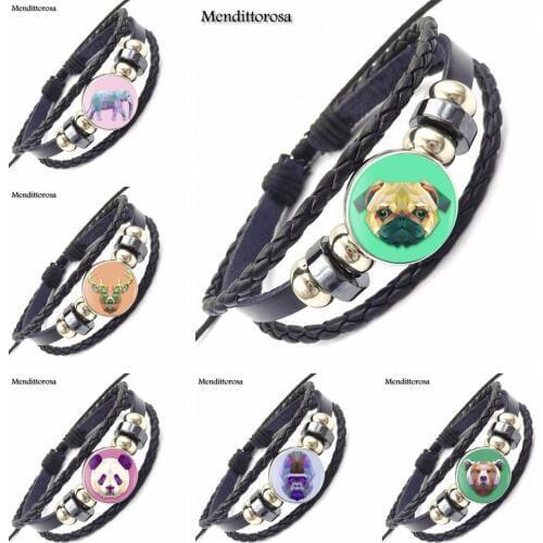 Glass Black Leather Bracelet Bangle Jewelry Bijouterie For Women Fox Deer Tiger Owl Dog Wolf Animal Orangutan Koala Bear