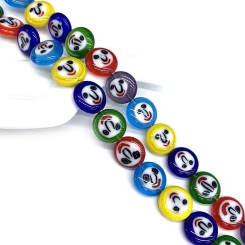 Strand About 30pcs 12mm Handmade Smiling Face Lampwork Beads DIY Loose Spacer Oblate Circle Lampwork Bead For Jewelry Making