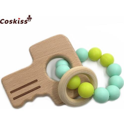 Baby Bracelets Beech Wood Key Nursing Accessories Wooden Teether Baby Shower Gifts Chew Silicone Beads Bracelets