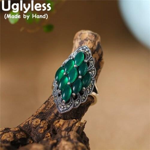 Uglyless Exotic Thai Stylish Rhombic Gemstones Garnet Agate Earrings Rings for Women Real 925 Silver Sliced Hollow Jewelry Sets