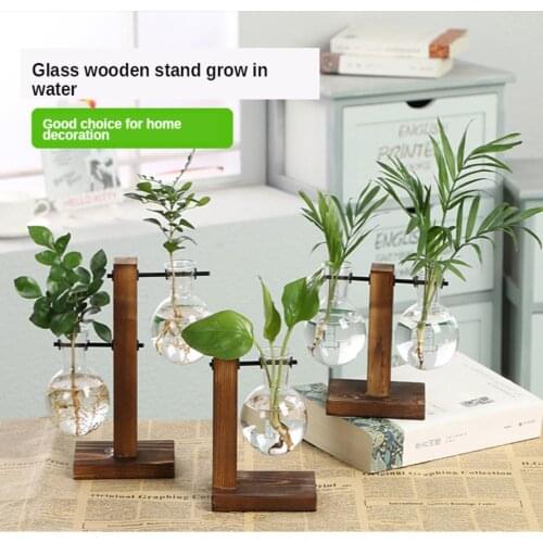 Terrarium Hydroponic Plant Vases Vintage Flower Pot Transparent Vase Wooden Frame Glass Tabletop Plants Home Bonsai Decor