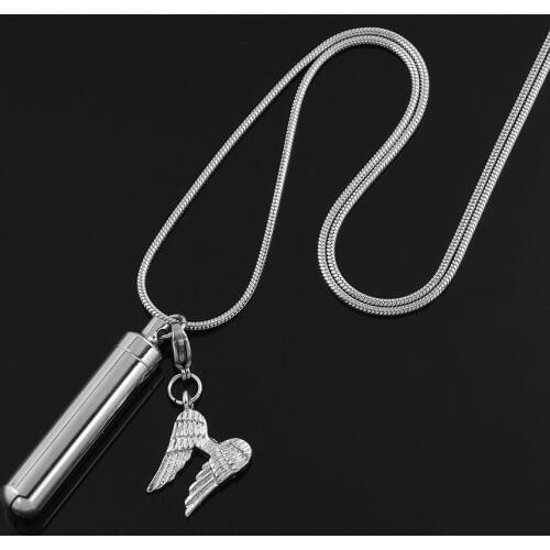 IJD9869 Stainless Steel Angel Wing Charm Memorial Urn Necklace Cremation Ashes Bottle Keepsake Pendant