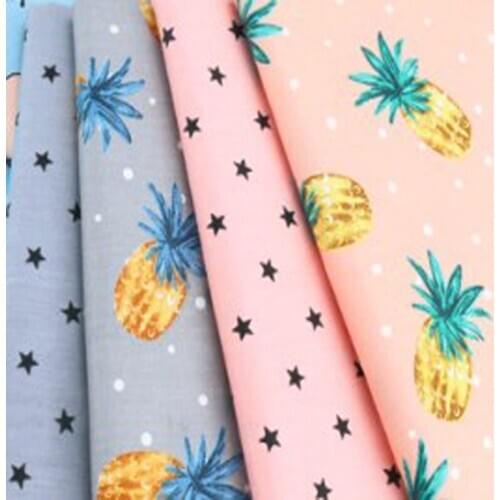 Beautiful 2pc Pink & Grey Fruit Pineapple & Fivestar Printed Cotton Fabric Bundle For DIY Sewing 50x40cm