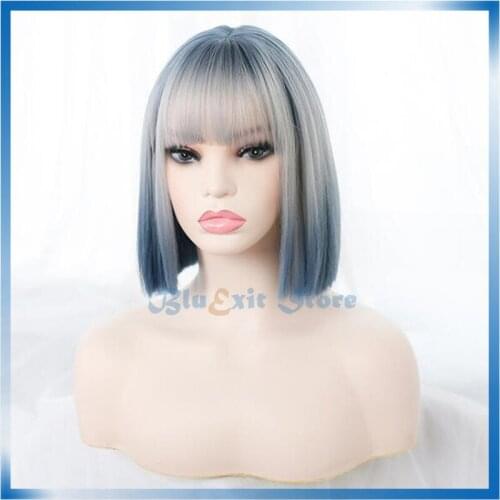 Lolita Wig Harajuku Fairy Princess Fringe Bangs Mixed Short Straight Synthetic Hair Adult Girls Daily Wear Blue Gradient Hair