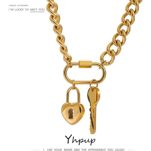 Yhpup Stainless Steel Heart Lock Key Pendant Neckalce Trendy Metal 18 K Collar Necklace Titanium Steel Jewelry Party Gift 2021
