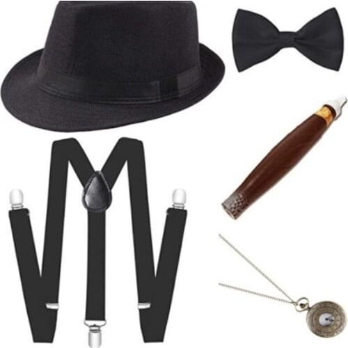 5 Pieces Theme Party Costume 1920s Boy Mens Y-shaped Suspender Moustache Hat Cigar Pocket Watch Bow Tie Beard