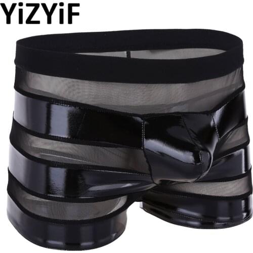 Mens Sexy Lingerie Wetlook Faux Leather Mesh Boxer Gay Male Sissy Bulge pouch Panties Nightclub Jockstrap Underwear