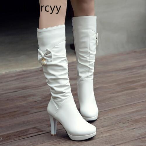 Winter The New fashion Round head Thick bottom Thick heel Womens boots white sweet Bow Keep warm High heel Women boots 34-43