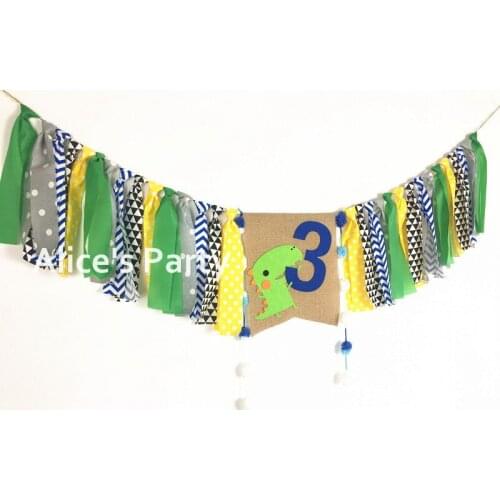 New Jungle Wild Green Dinosaur Highchair Banner Blue Number 1st 2 3 Birthday Garland Baby Shower Decoration Cake Smash Flag