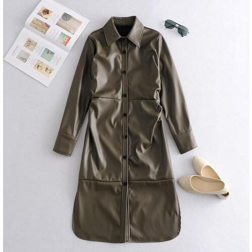 Autumn Winter Turn Down Collar Dresses Women Fashion PU Leather Draped Dress Women Elegant Long Sleeve Dresses Female Ladies Hot