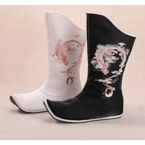 Traditional Chinese Style Men Women Ancient Boots Dragon Embroidery Footwear Fashion Retro Oriental Opera Hanfu Cosplay Shoes