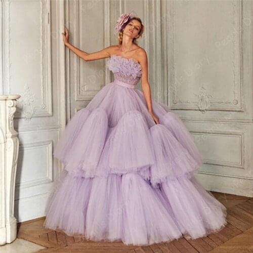 Gorgeous Lavender Tulle Prom Dresses 2021 Couture Ruffled Fluffy Long Evening Dress Strapless Formal Prom Gowns robes de soirée