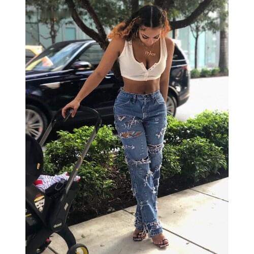 Zoulv Women Casual Autumn Hole Plain Straight Leg Pants Spring Trousers Plus Size Blue Ripped Distressed Boyfriend Denim Jeans