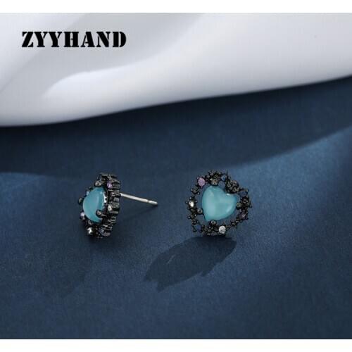 Black Gun Color Heart Women Stud Earrings Girl Crystal Lake Blue Stone Jewellery Lady Casual Party Wedding Ear Jewellery