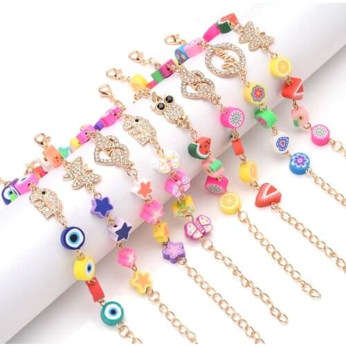 Women Girl Charm Bracelet Fruit Animal Clay Polymer Beads+Alloy Pendant Boho Bracelet Gift for Best Friend Jewelry Gifts